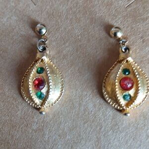 Elegant Gold Drop Earrings with Red and Green Accents